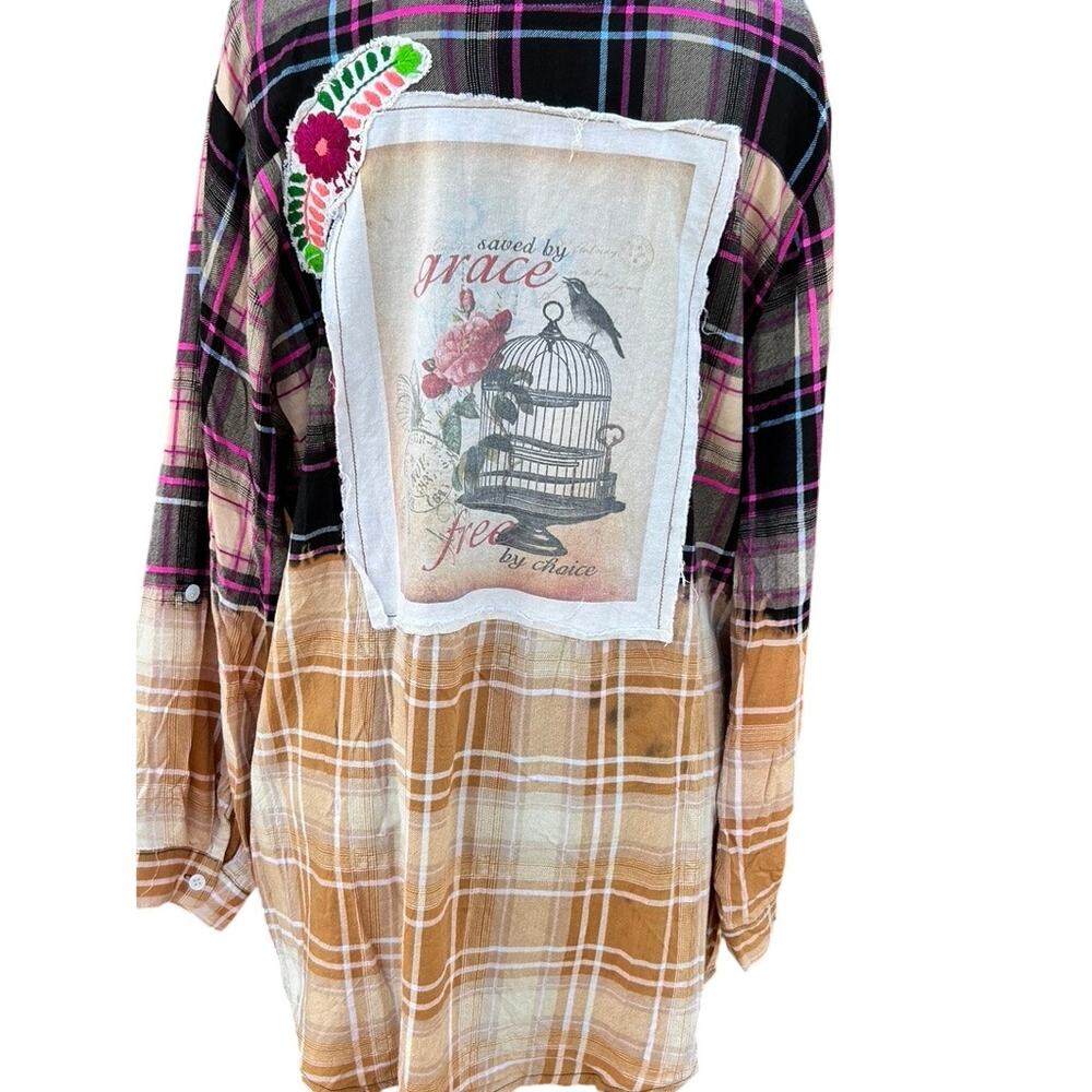 Reworked Boho Jane Saved by Grace Bleached Plaid Flannel Shirt Medium - Picture 2 of 6